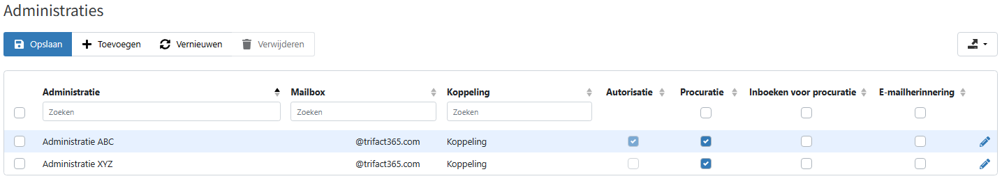 Lijst met administraties in TrIFact365, in de 2e kolom (mailbox) is het e-mailadres van de administratie zichtbaar.