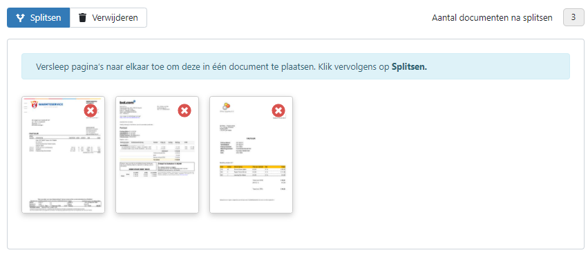 Versleep pagina's naar elkaar toe om deze in één document te plaatsen. Klik vervolgens op Splitsen.