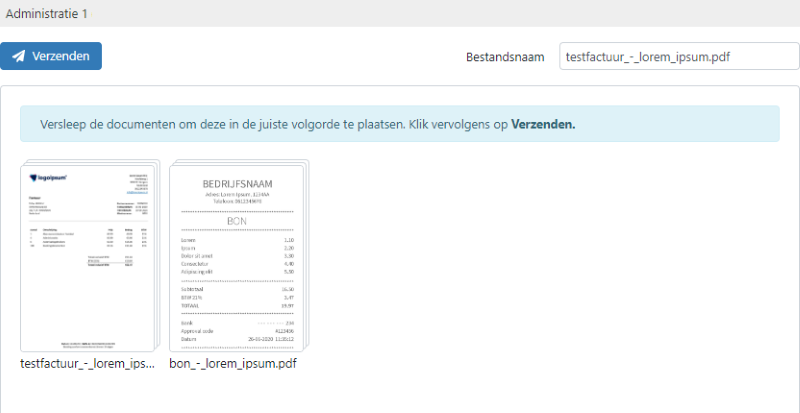 Documenten samenvoegen in TriFact365: Versleep de documenten om deze in de juiste volgorde te plaatsen. Klik vervolgens op Verzenden.