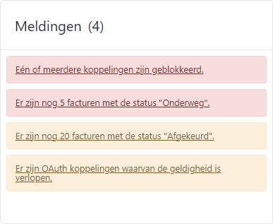 Afbeelding met 4 meldingen die getoond kunnen worden op het dashboard.