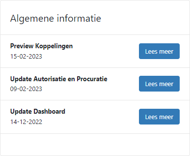 Het kopje algemene informatie op het dashboard van TriFact365 met daaronder 3 nieuwsberichten van recente updates.