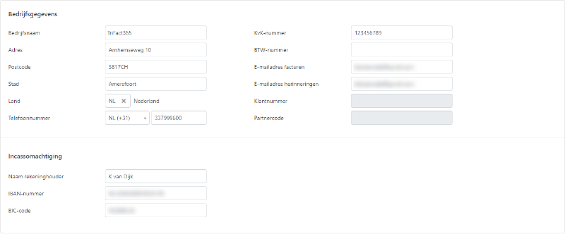 Bedrijfsgegevens en incassomachtiging in de Accountgegevens van TriFact365