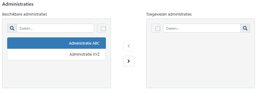 Het scherm "Gebruiker bewerken" in TrIFact365, in de kolom beschikbare administraties is een administratie geselecteerd.