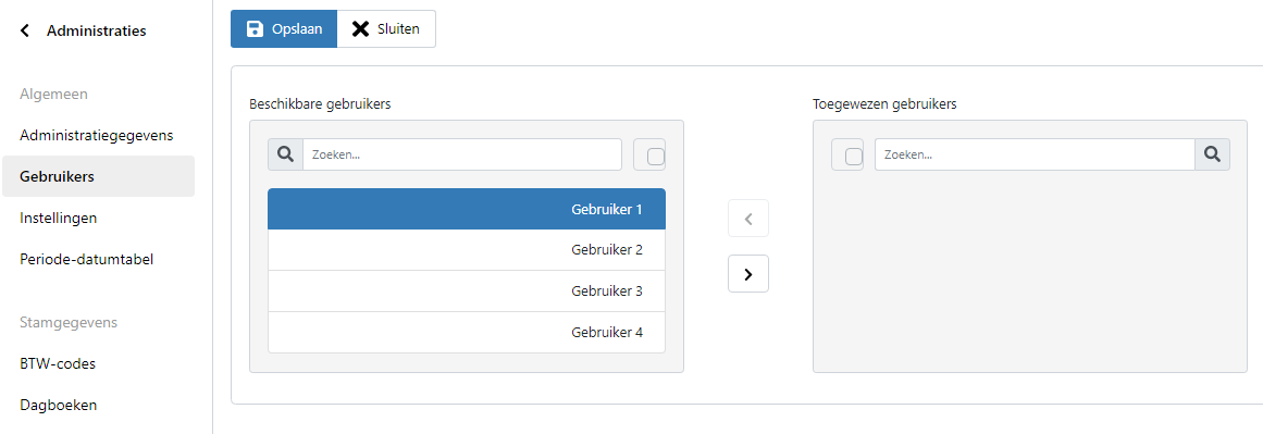 het tabblad Gebruikers in het scherm "Administraties"waarbij een gebruiker geselecteerd is in de kolom "Beschikbare gebruikers".