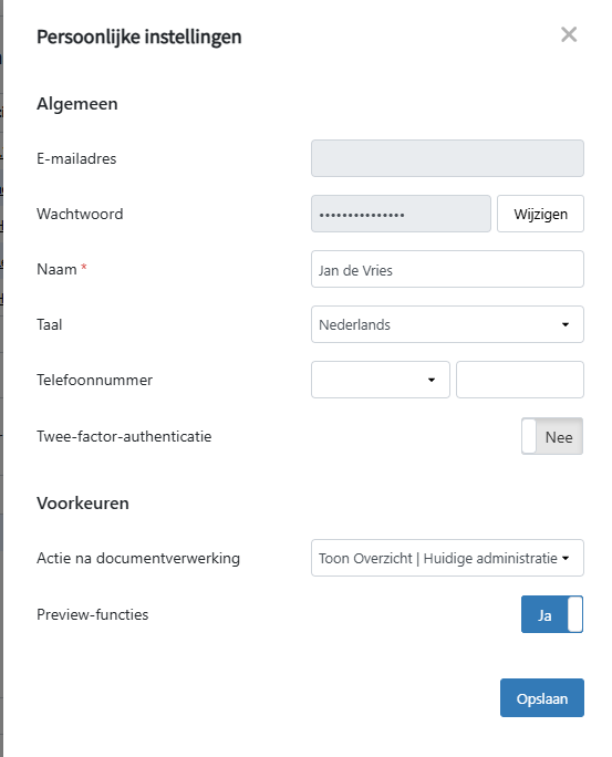 Persoonlijke instellingen TriFact365 Wachtwoord wijzigen Naam wijzigen Taal wijzigen Telefoonnummer wijzigen Twee-factor-authenticatie instellen Actie na documentverwerking aanpassen Preview-functies instellen