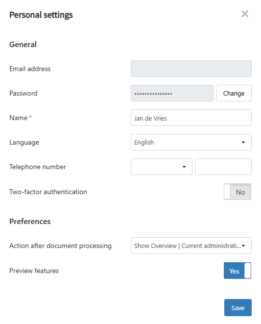 Personal settings Change password Change name Change Language Change phone number Change two-factor authentication Chance preferences for action after document processing Enable or disable preview features