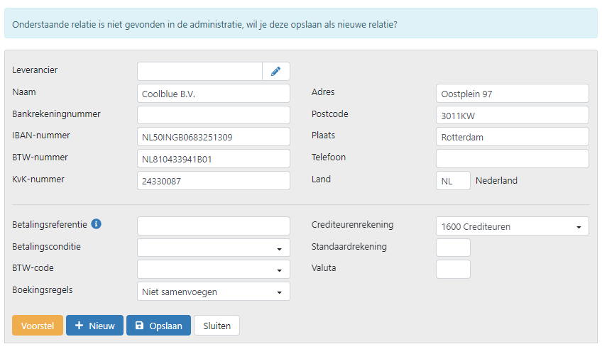 "Onderstaande relatie is niet gevonden in de adminsitratie, wil je deze opslaan als nieuwe relatie?"