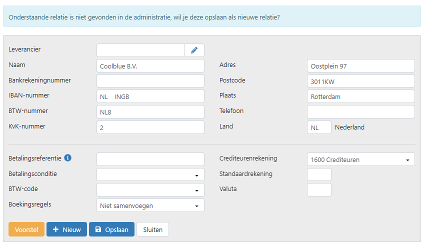 Onderstaande relatie is niet gevonden in de administratie, wil je deze opslaan als nieuwe relatie?