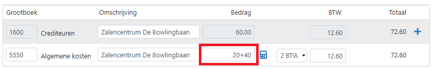20+40 is ingevuld in het veld bedrag in TriFact365. TriFact365 telt hier automatisch 12,60 aan btw bij op en het totaalbedrag van 72,60 is direct zichtbaar