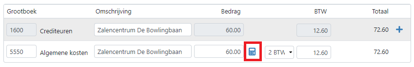 De rekenmachine in TriFact365 rechts van het veld "bedrag" op de boekingsregels is gemarkeerd.