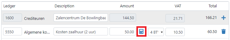 Cost calculator marked in red on the right of the column Amount