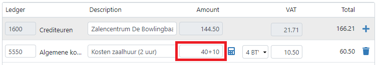 40 + 10 marked in red in the Amount column