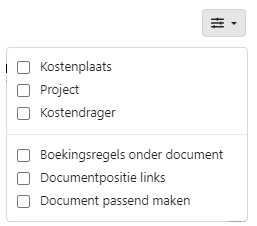 Kostenplaats Project Kostendrager Boekinsregels onder document Documentpositie links Document passend maken