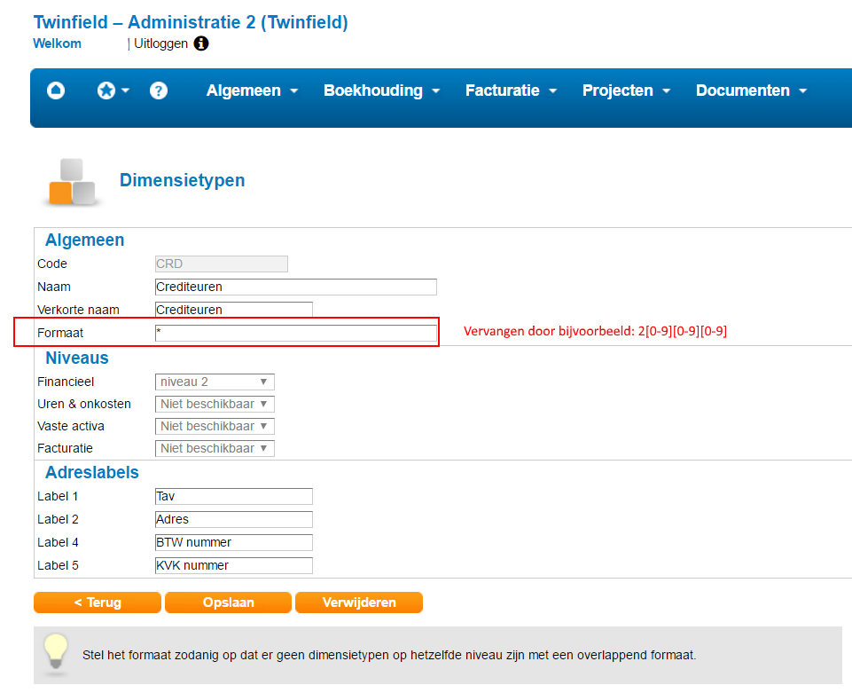 Twinfield crediteuren instellingen: Formaat