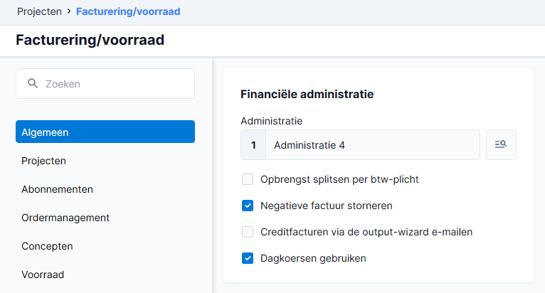 Instelling in AFAS: Projecten > facturereing/voorraad, tabblad Algemeen, vinkje bij "Negatieve factuur storneren"