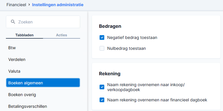 Afas instellingen: Financieel > instellingen administratie, tabblad Boeken algemeen. Instelling: Negatief bedrag toestaan.