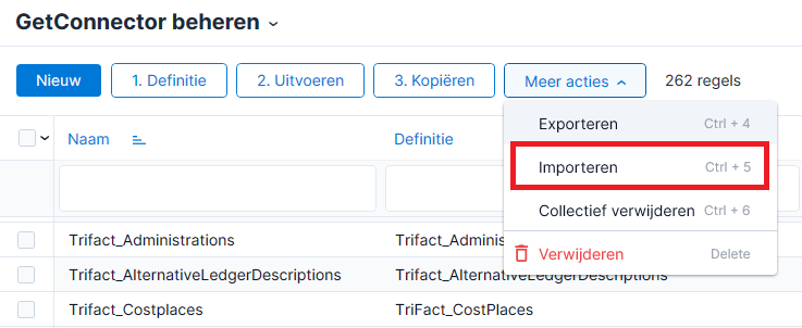 het scherm GetConnector beheren in AFAS. Onder het knopje "Meer acties" is de optie "importeren" gemarkeerd.