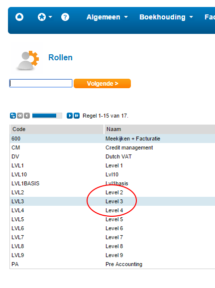 Twinfield gebruiker rollen: Level 3 omcirkelt