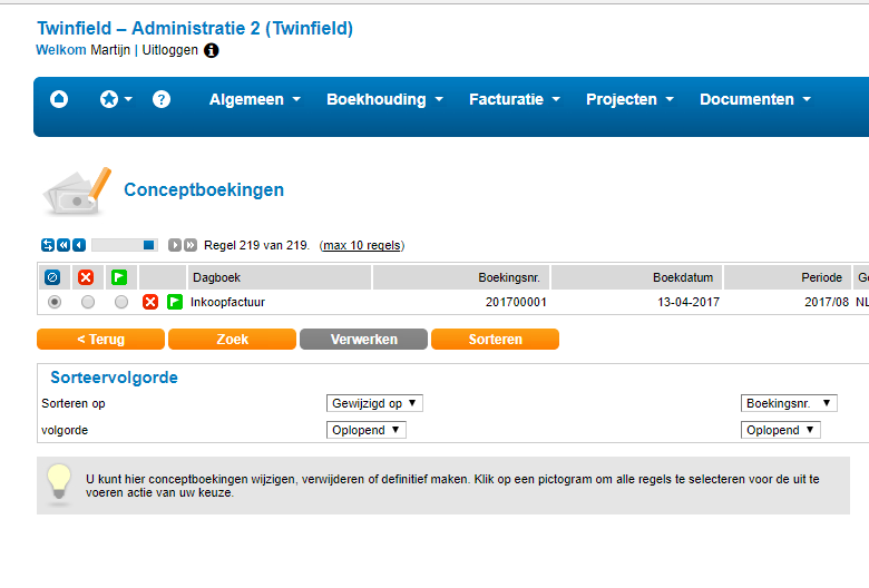 Conceptboekingen in TwinField