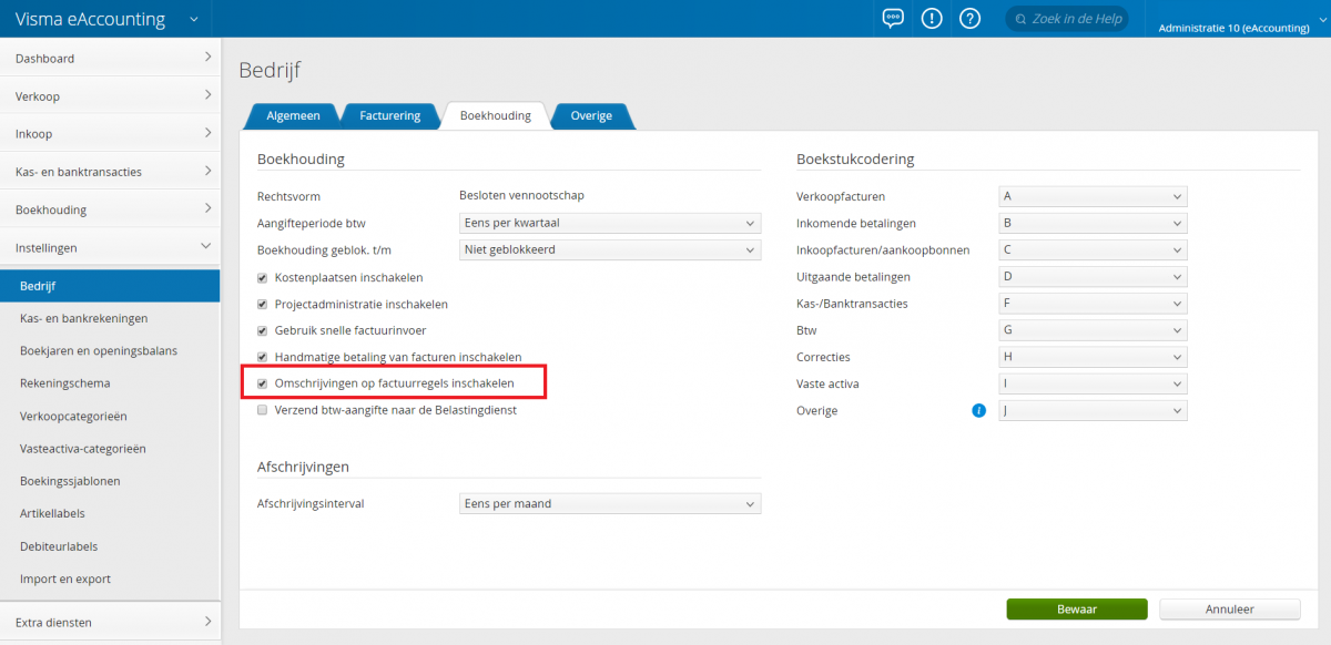 eAccounting omschrijvingen op factuurregels inschakelen